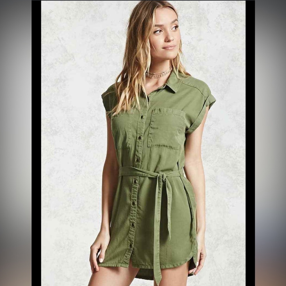 Forever 21 army green button down collared wrap sent waste dress